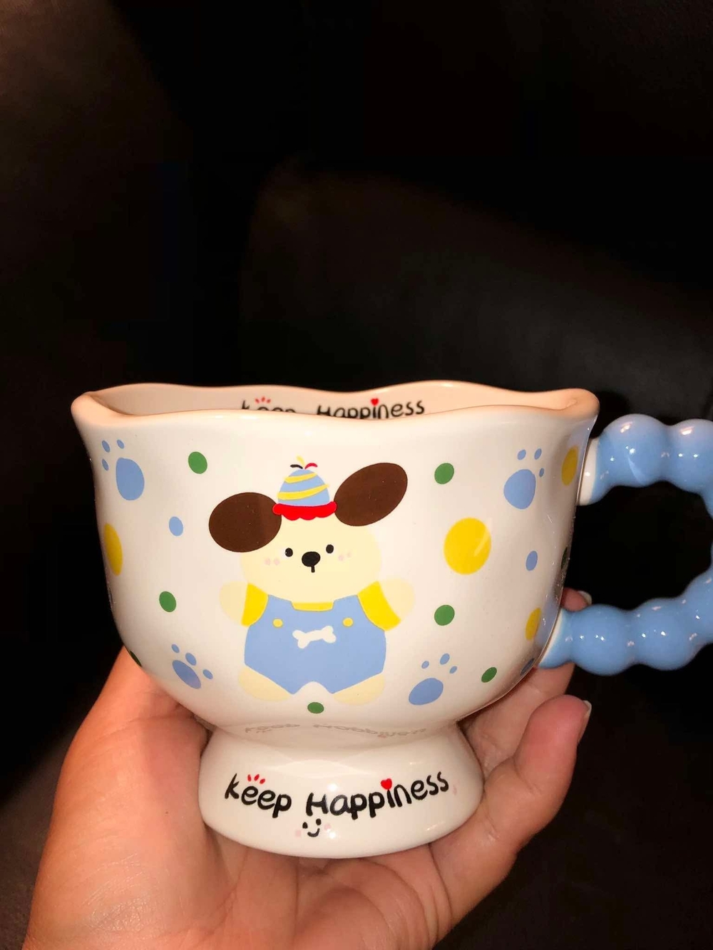 Playful Puppy Polka Dot Ceramic Mug with Blue Handle